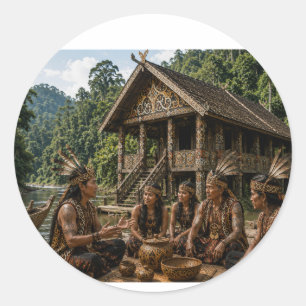 DAYAK-STAMMESVERSAMMLUNG BEI TRADITIONELLER BORNEO RUNDER AUFKLEBER