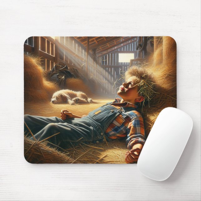 Daydreaming Boy in Barn Hayloft Mousepad (Mit Mouse)