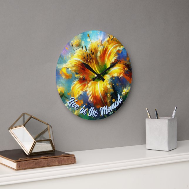 Daylily Daylilies Flower Yellow Teal Personalized Große Wanduhr (Büro)