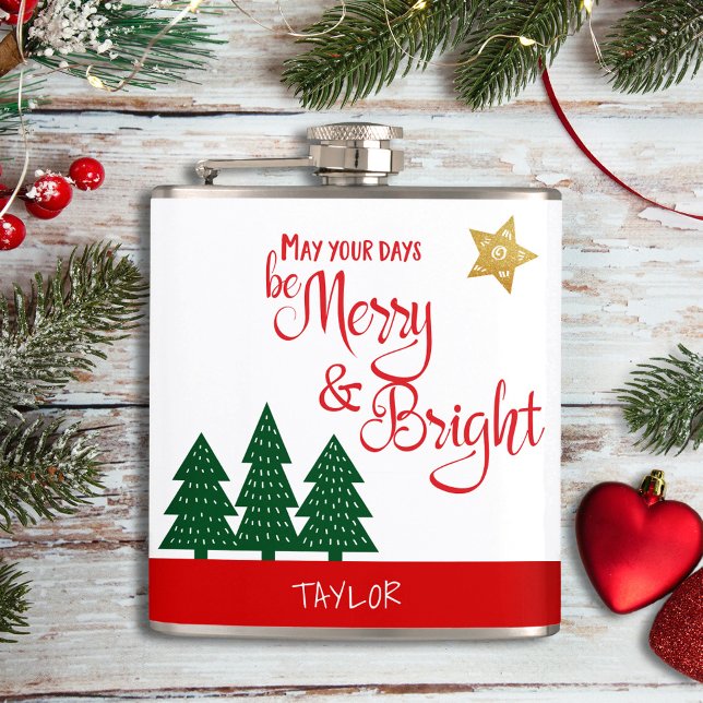 Days Be Merry Script Green Trees Gold Star Flachmann (Von Creator hochgeladen)