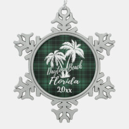 Daytona Beach Florida Palm Green Kariert Schneeflocken Zinn-Ornament