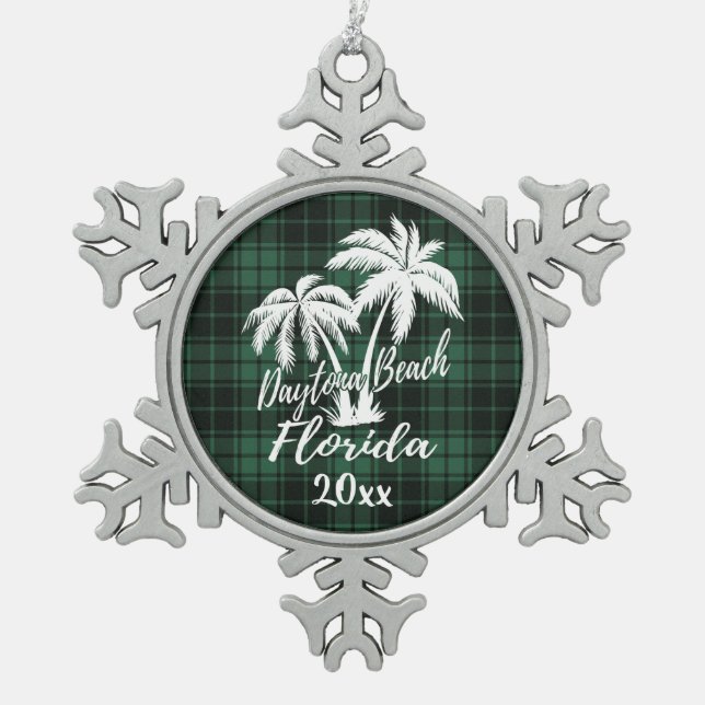 Daytona Beach Florida Palm Green Kariert Schneeflocken Zinn-Ornament (Vorderseite)