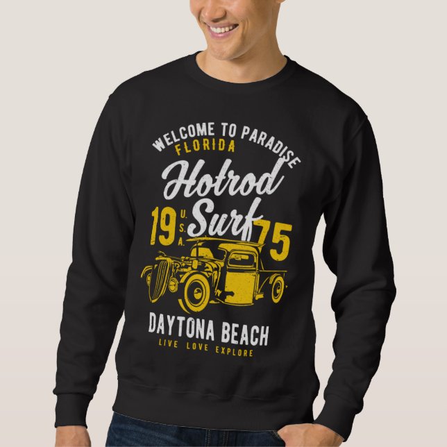 Daytona Beach Florida Retro Hotrod Surf Distressed Sweatshirt (Vorderseite)