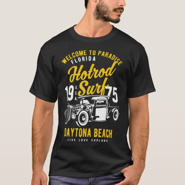 Daytona Beach Florida Retro Hotrod Surf Distressed T-Shirt (Vorderseite)