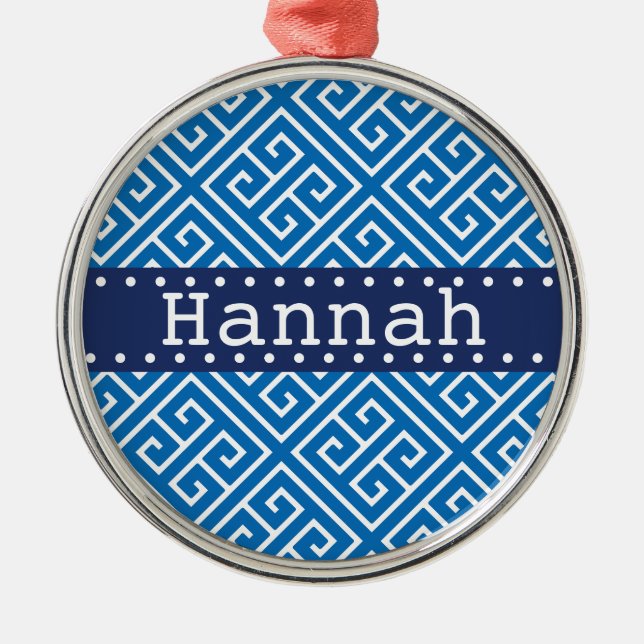 Dazzling Blue White Greece Key Muster Blauer Name Silbernes Ornament (Vorne)