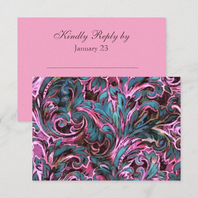 Dazzling Damask Pink Aquamarin-braune Antwortkarte RSVP Karte (Vorne/Hinten)
