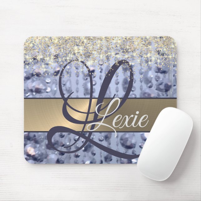 Dazzling Glittery Blue Beads Monogram Mousepad (Mit Mouse)