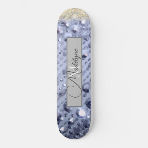 Dazzling Glittery Blue Beads Monogram Skateboard
