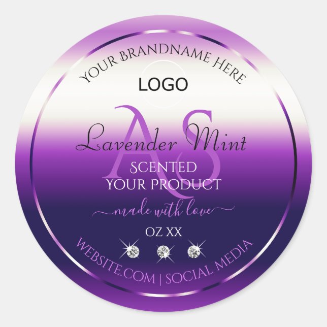 Dazzling Lila Etikettenschmuck Monogram Logo Runder Aufkleber (Vorderseite)