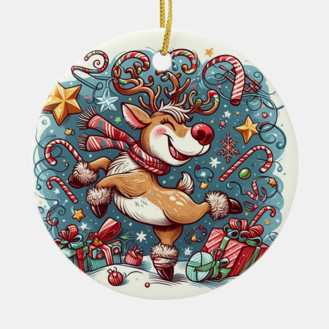 Dazzling Rentier Dance Weihnachtsfeier Keramik Ornament (Vorne)