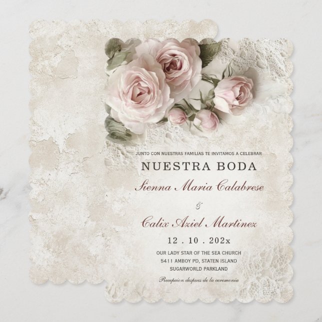 De Boda Elegante Con Flores Rosa Pastel Invitation (Devant / Derrière)