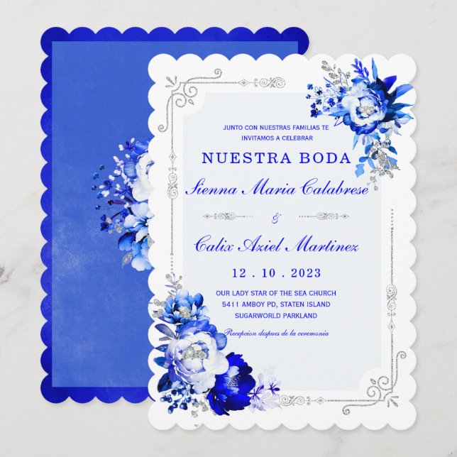 De Boda Originales y Elegantes en Azul Rey Einladung (Vorne/Hinten)