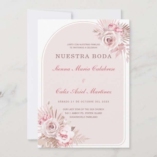 de Boda Romántica en Tono Rosa Pastel con Flores Einladung (Vorderseite)