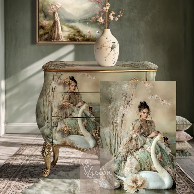 De bonne grâce Bouffant Portrait & Swan Seidenpapier (De bonne grâce Elegant Bouffant Portrait Lady & Swan Art, Ethereal Lake Fantasy Furniture Decoupage.)