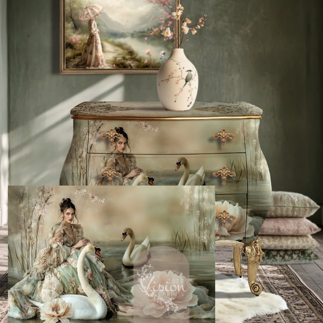 De bonne grâce Bouffant Portrait & Swan Seidenpapier (De bonne grâce Elegant Bouffant Portrait Lady & Swan Ethereal Lake Fantasy & Floral decoupage paper.)