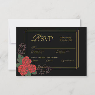 De Correspondance Carte RSVP Black Gold Red Rose Floral Wedding