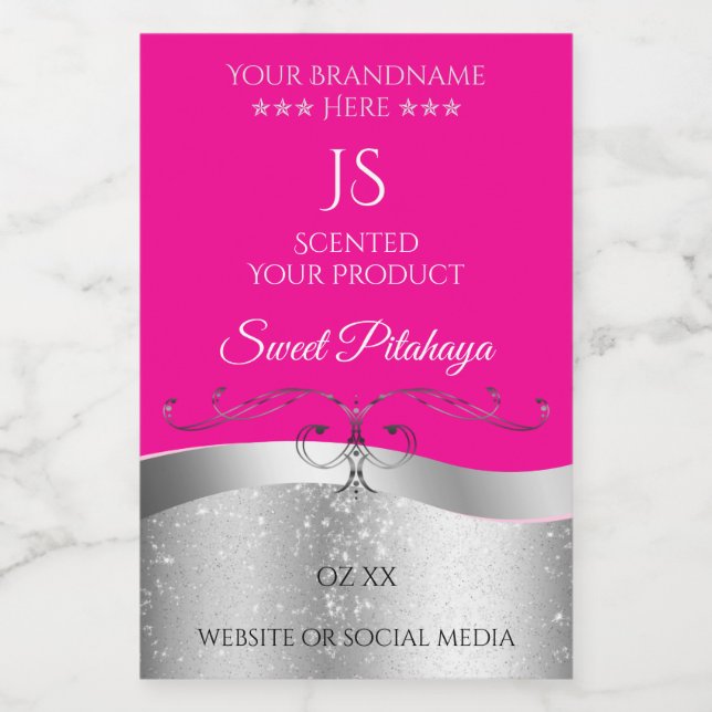 De Luxe Wavy Silver Decke Hot Pink Monogram Label Lebensmitteletikett (Einzelnes Label)