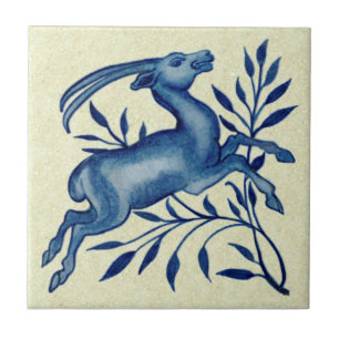 De Morgan Hand Painted Blue Antelope Antique Repro Fliese