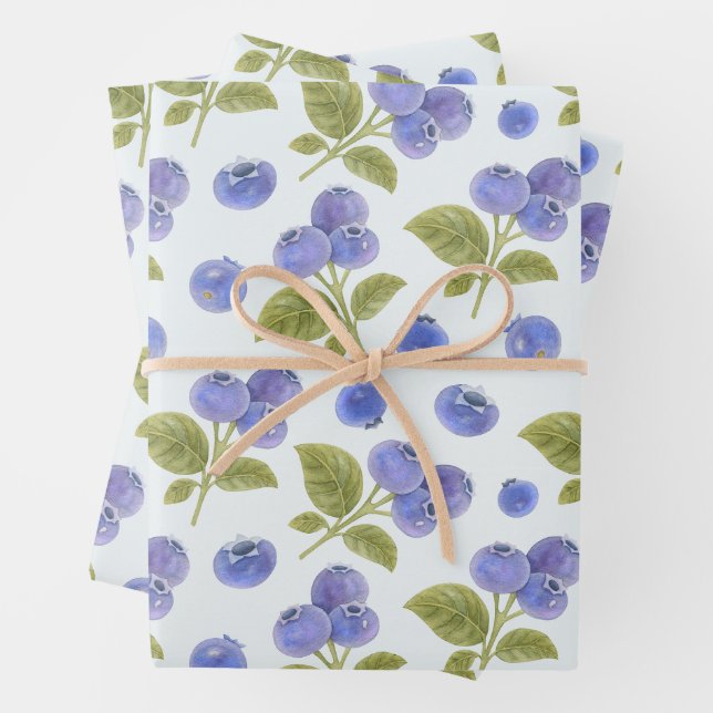 De Papier Cadeau Aquarelle Blueberry Fruit avec Feuille Bleu clair (En situation)