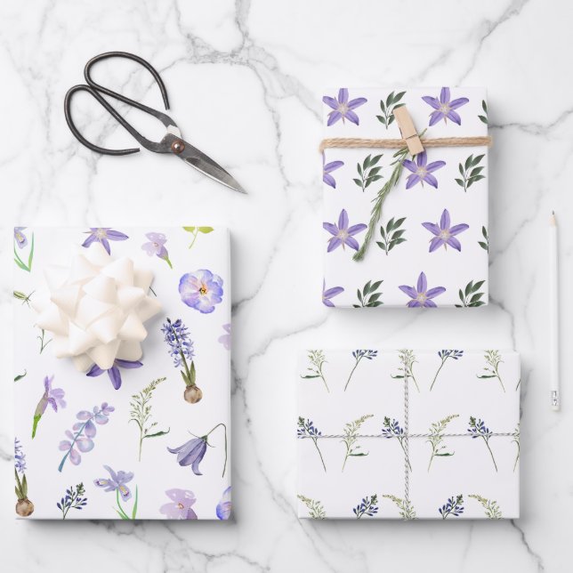 De Papier Cadeau Aquarelle violet Fleur rose Feuille Boho (Recto)