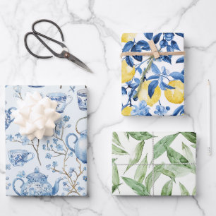 De Papier Cadeau Chinoiserie Fleurs Bleues Citrons Feuille Réceptio
