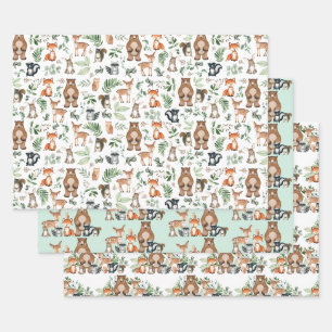 De Papier Cadeau Forêt boisée mignonne Animaux verts Feuille