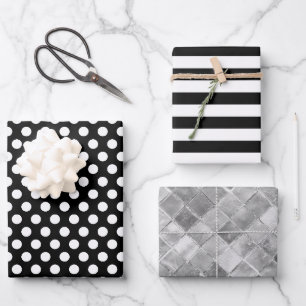 De Papier Cadeau Rayures Noir Blanc Points Argentés Feuille