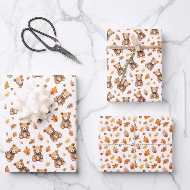 De Papier Cadeau Watercolor Teddy Bear et Feuille Fall Celebration (Recto)