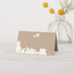 De Placement Dentelle Kraft avec Coeurs roses Carte Mariage