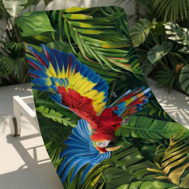 De Plage Serviette Tropical Macaw Beach colorée (Vibrant tropical macaw beach towel, bold colors for poolside or summer travel)