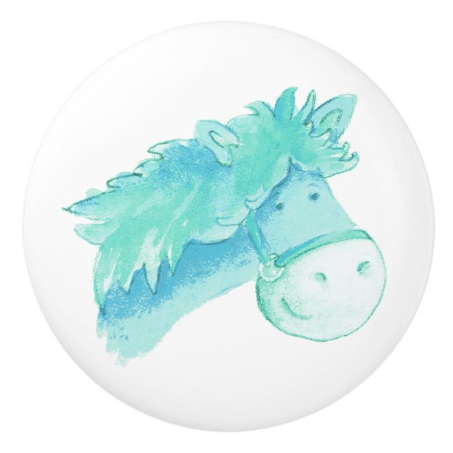 De Porte En Céramique Aquarelle aqua pony / cheval bouton (Devant)