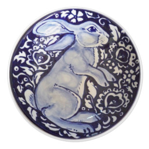 De Porte En Céramique Bleu et blanc Lapin Lapin Tiroir Tirage Bouton Ded