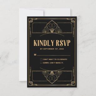 De Remerciements Art Déco 20s Elégante Black Gold Wedding Carte RSV