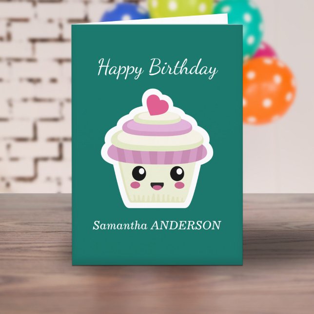 De Remerciements Carte d'anniversaire Cupcake Kawaii (Cupcake Kawaii Birthday Card)