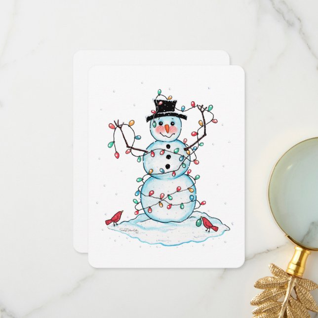 De Remerciements Carte Flat Snowman, Fun Snowman avec lumières (Devant/Arrière en situation)