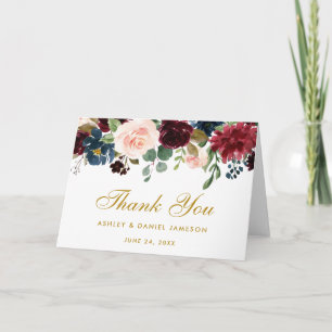 De Remerciements Carte pliée remerciement mariage or bleu burgundy