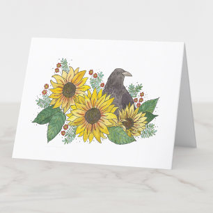 De Remerciements Crow dans Sunflowers Carte blanche Aquarelle