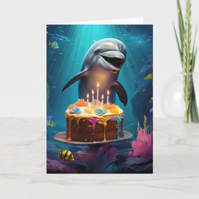 De Remerciements Dauphin avec gâteau d'anniversaire - Carte (Devant)