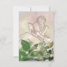 Lady Reading avec plante et carte café