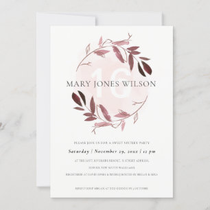 DE REMERCIEMENTS PINK PURPLE FOLIAGE WREATH SWEET 16 CARTE D'ANNIVE