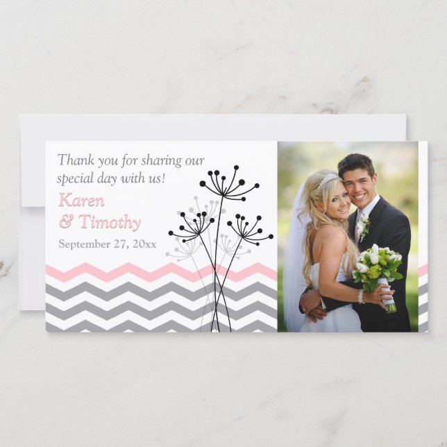 De Remerciements Rose, Gris Floral, Chevrons Mariage Carte photo (Devant)