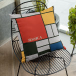 De Stijl Inspiriert primäre farbige Quadrate Kissen<br><div class="desc">De Stijl (Piet Mondrian) inspiriertes Design mit personalisierbarem Textbereich. De Stijl, Niederländisch für "Stil", auch als Neoplastik bezeichnet, ist eine Kunstbewegung, die 1917 in den Niederlanden mit dem Schwerpunkt auf geradlinigen Formen und Primärfarben gegründet wurde. Der Stil hat sich im Laufe der Zeit bewahrt und ist perfekt geeignet, um unseren...</div>