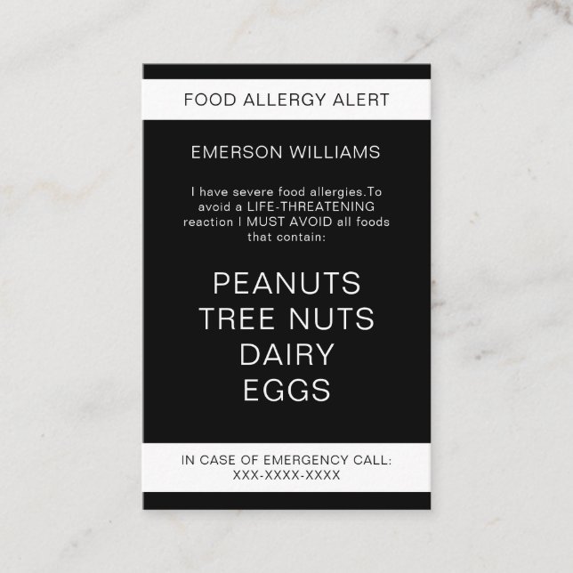De Visite Carte Chef personnalisée Alerte d'allergie aliment (Devant)