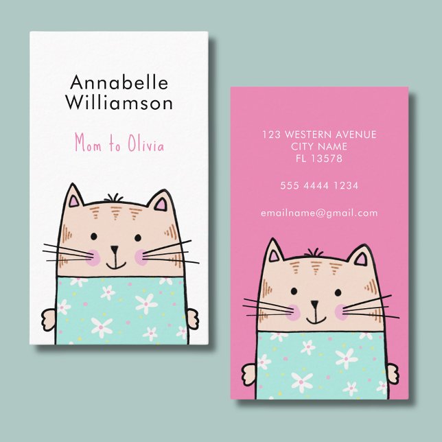 De Visite Carte d'appel maman chat mignonne (Cute cat mommy calling card. Perfect for parent networking and play dates.)