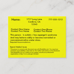 De Visite Carte vigilante autiste