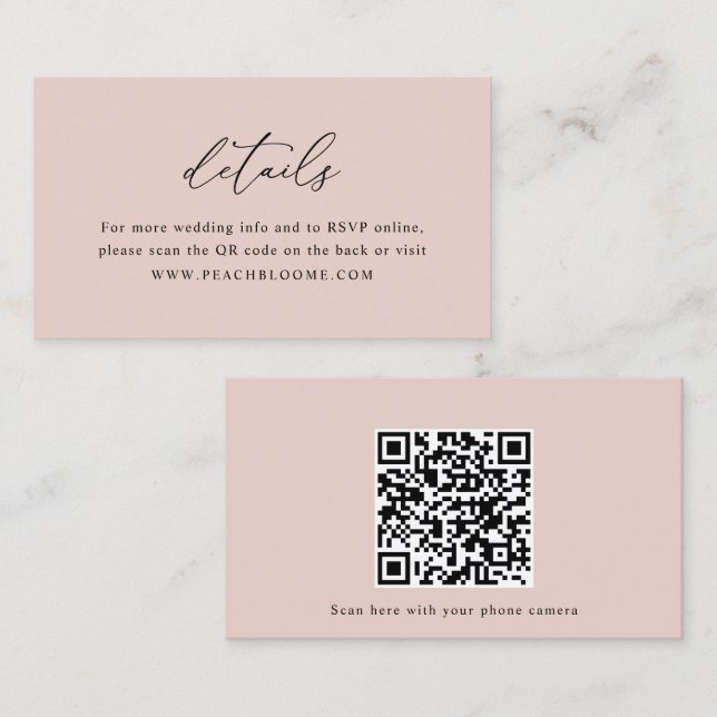 De Visite Dusty Rose Site Web Mariage QR Code Détails Carte (Devant / Derrière)