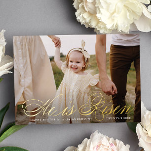 De Vœux En Aluminium Il est Risen Gold Foil Script Photo Carte Pâques