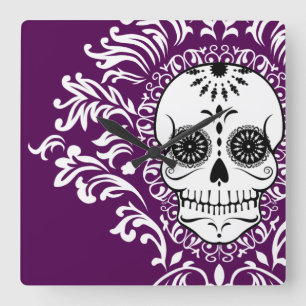 Dead Damask - Chic Sugar Skull Wall Clock Quadratische Wanduhr