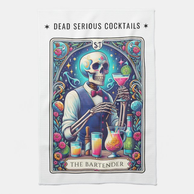 Dead Serious Cocktails Tarot Bartender Skeleton Geschirrtuch (Vertikal)