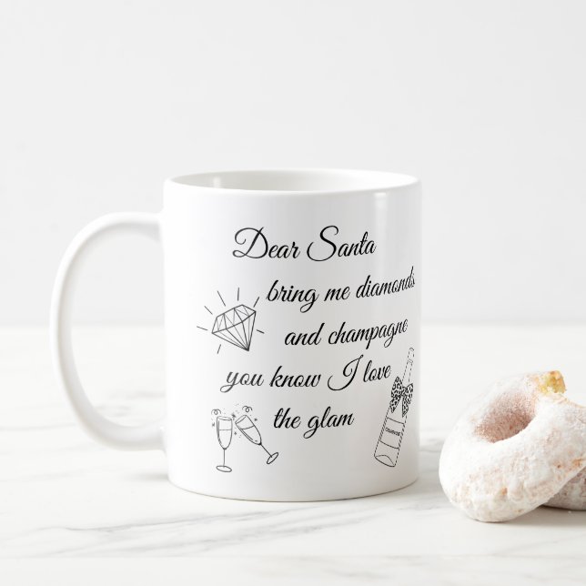 Dear Santa Champagne & Diamonds Line Art Design Kaffeetasse (Mit Donut)